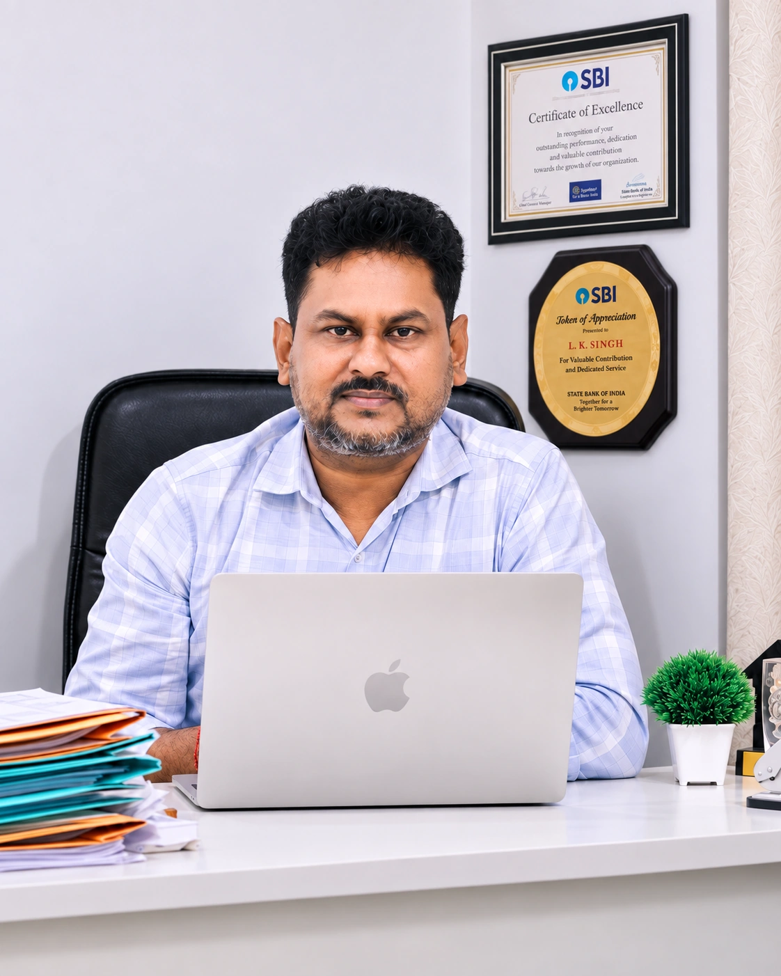 LK Singh at the Finstep Solutions office with certificates and recognition displayed on the wall