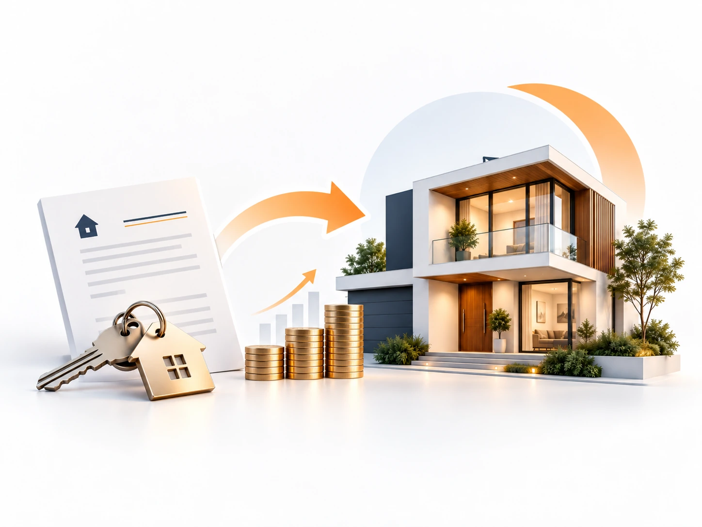 Home loan transfer concept with property, finance documents and a transition to new terms