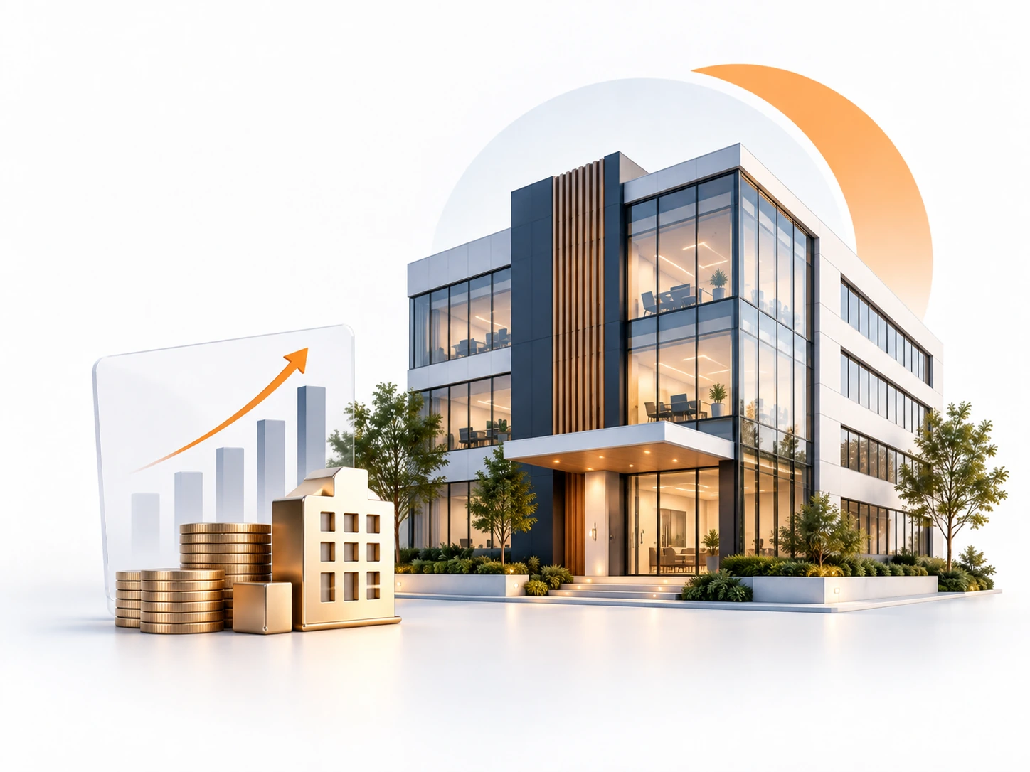 Modern commercial office building with finance and growth elements