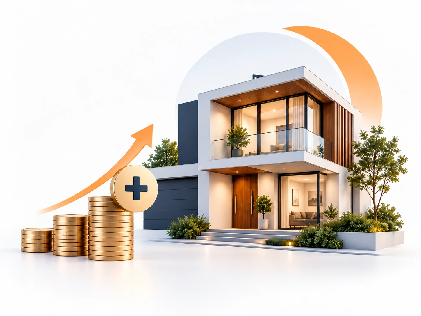 Modern home with additional funds and a growth symbol representing a home loan top-up