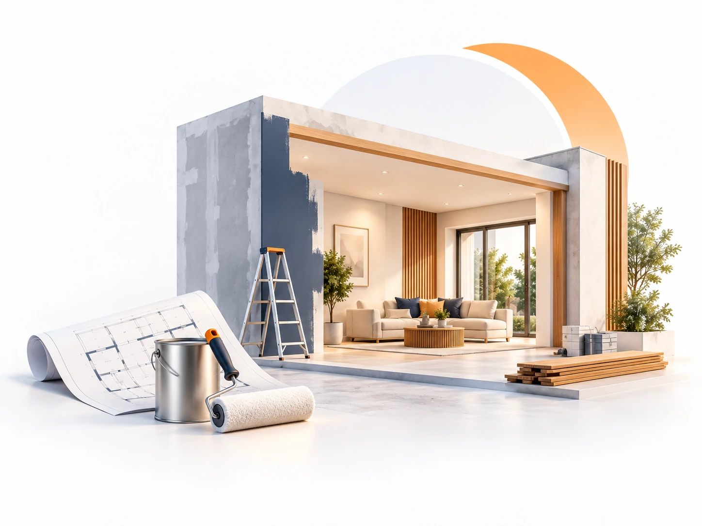 Modern home interior under renovation with plans, ladder and painting tools