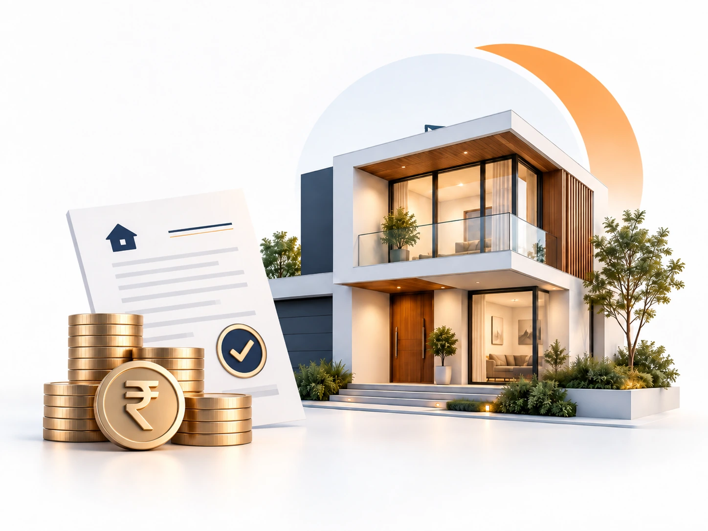Modern property with finance paperwork and funds representing a loan against property
